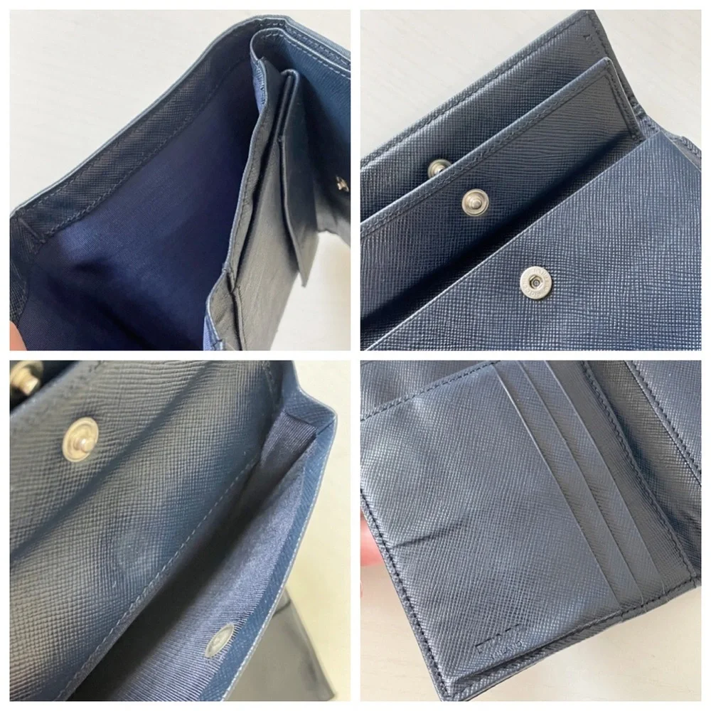 Prada navy blue Tessuto nylon triangle logo trifold medium snap wallet